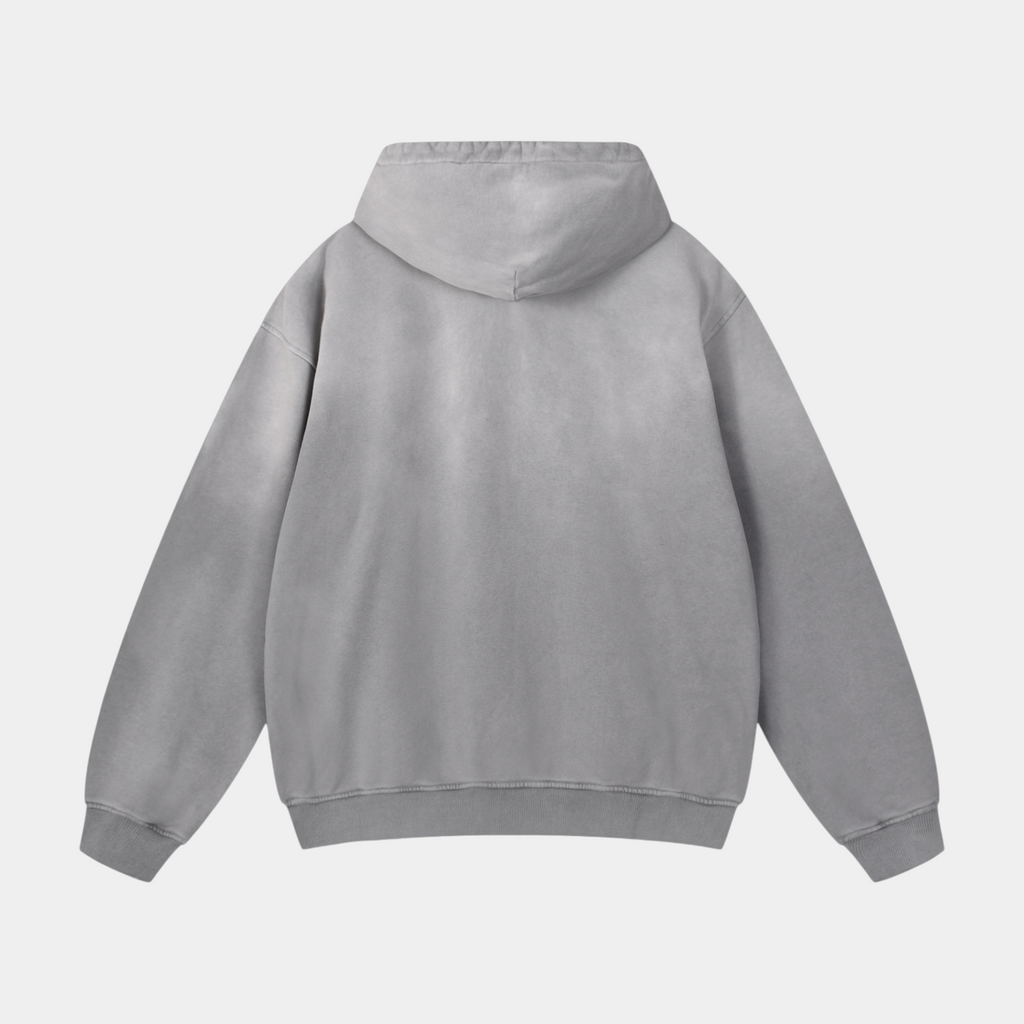 Back view of a NOIR SAINTS Canada heavyweight vintage grey cotton hoodie with a structured hood and washed finish.