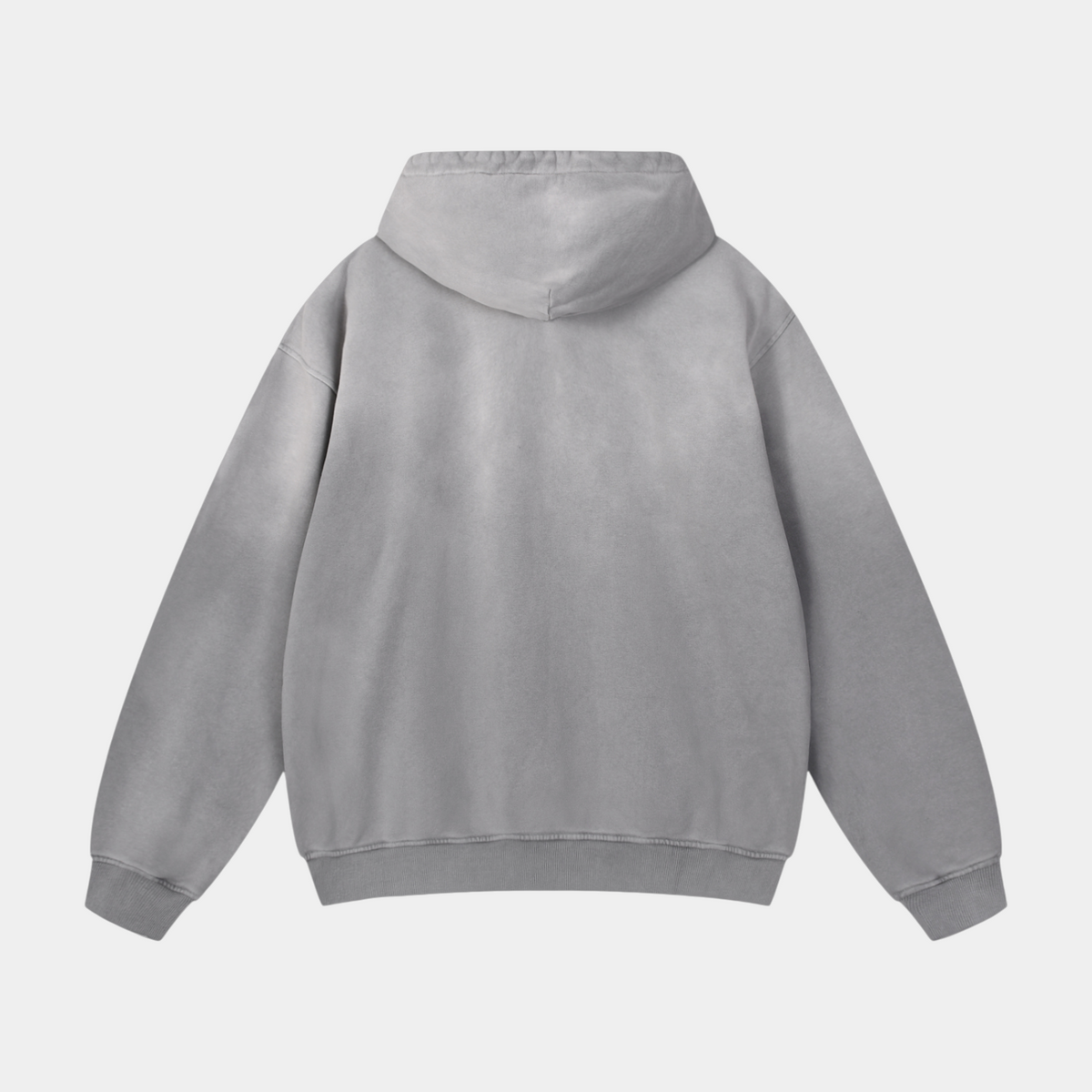 Back view of a NOIR SAINTS Canada heavyweight vintage grey cotton hoodie with a structured hood and washed finish.