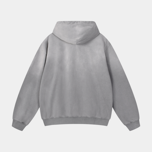 Back view of a NOIR SAINTS Canada heavyweight vintage grey cotton hoodie with a structured hood and washed finish.