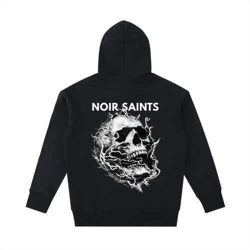 A black pullover hoodie shown from the back, featuring a large white graphic of a skull with lightning effects and the text 'NOIR SAINTS' printed above it, set against a plain white background.