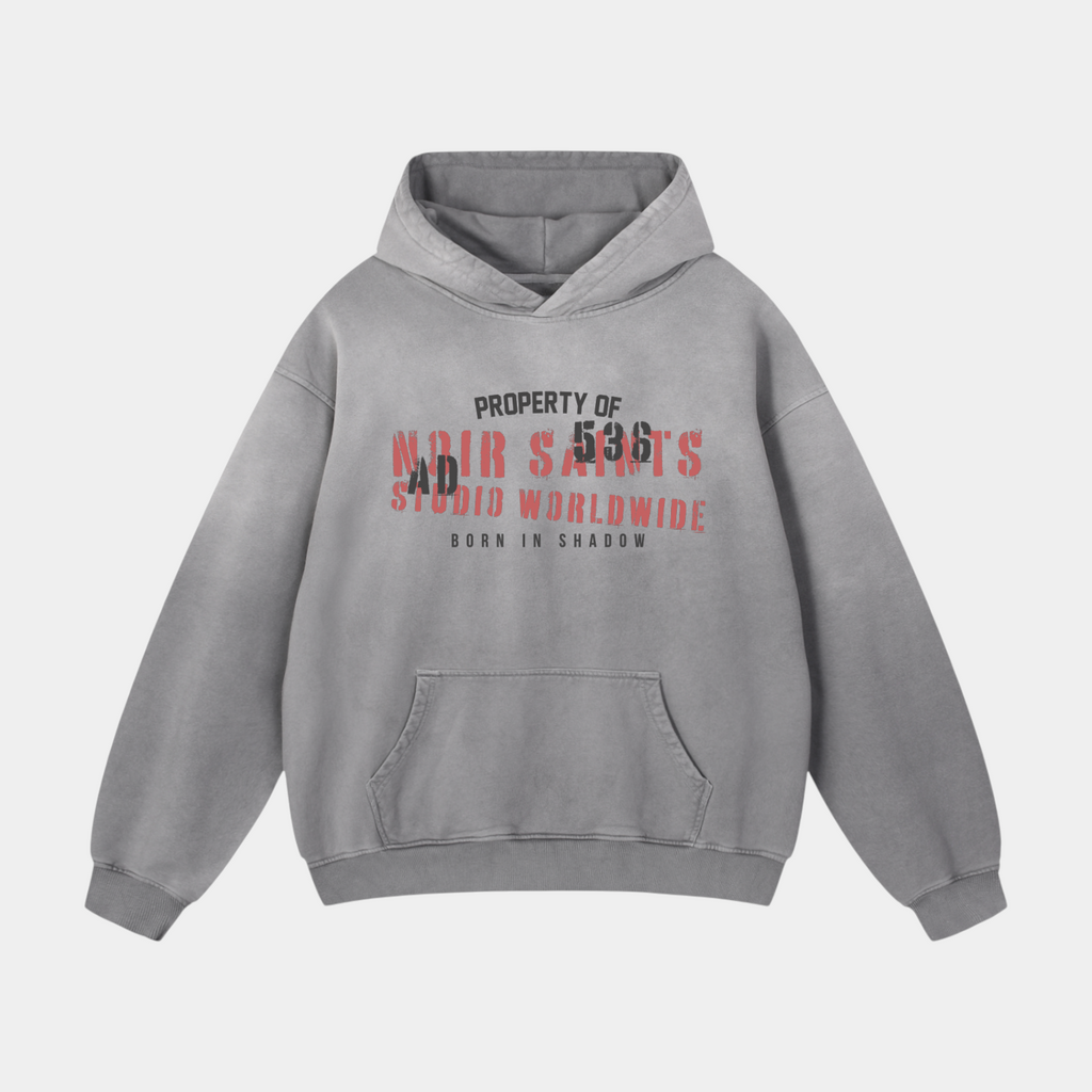 NOIR SAINTS Canada heavyweight oversized grey cotton hoodie with distressed 536 studio graphic and kangaroo pocket