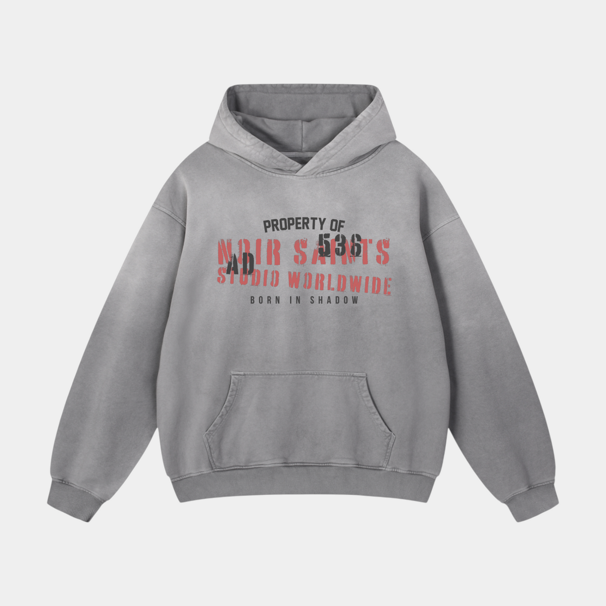 NOIR SAINTS Canada heavyweight oversized grey cotton hoodie with distressed 536 studio graphic and kangaroo pocket
