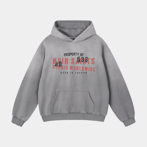 NOIR SAINTS Canada heavyweight oversized grey cotton hoodie with distressed 536 studio graphic and kangaroo pocket