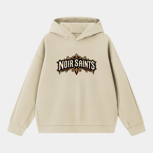 NOIR SAINTS Canada beige heavyweight cotton-blend fleece hoodie with front logo branding and a boxy streetwear fit.