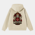 NOIR SAINTS Canada heavyweight beige hoodie featuring a detailed back graphic of a skull, roses, and a sacred heart.