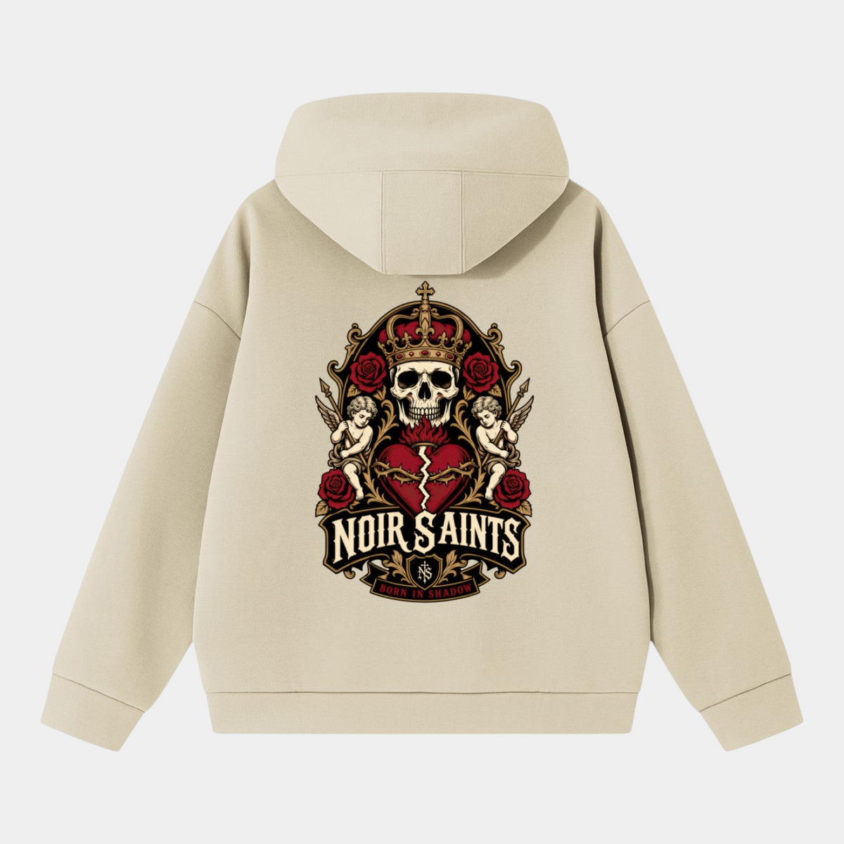 NOIR SAINTS Canada heavyweight beige hoodie featuring a detailed back graphic of a skull, roses, and a sacred heart.