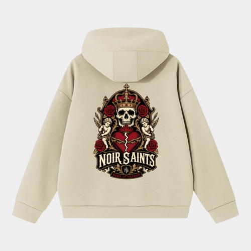 NOIR SAINTS Canada heavyweight beige hoodie featuring a detailed back graphic of a skull, roses, and a sacred heart.