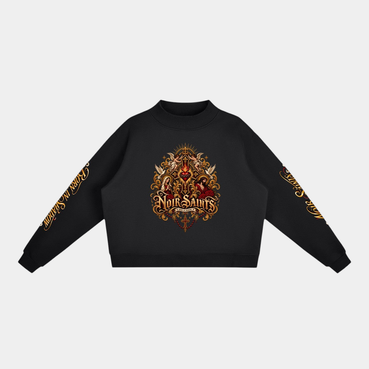 NOIR SAINTS Canada black cropped fleece mock-neck sweatshirt with ornate sacred heart graphic and sleeve lettering.