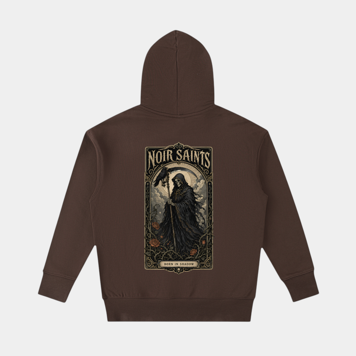 NOIR SAINTS Canada heavyweight brown cotton hoodie featuring a detailed reaper and roses graphic on the back