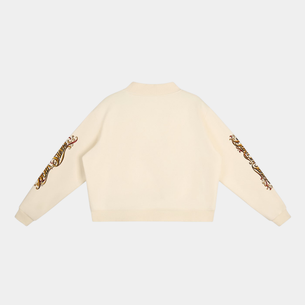 Back view of NOIR SAINTS Canada cream cropped fleece mock-neck sweatshirt with ornate graphic sleeve detailing.