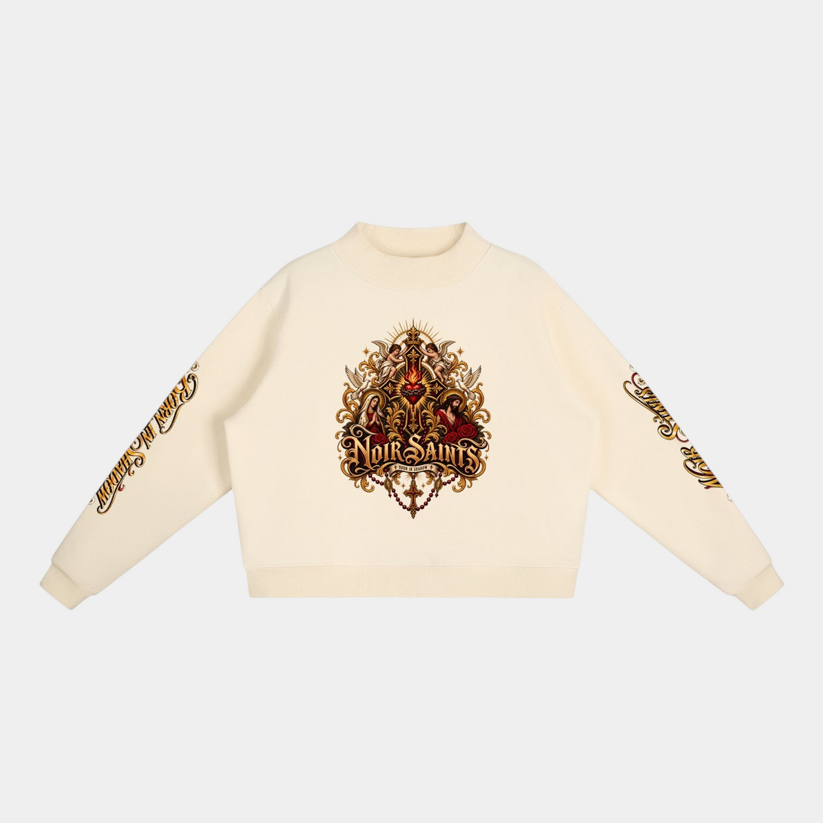 NOIR SAINTS Canada cropped cream fleece mock-neck sweatshirt with ornate sacred heart graphic and sleeve detailing