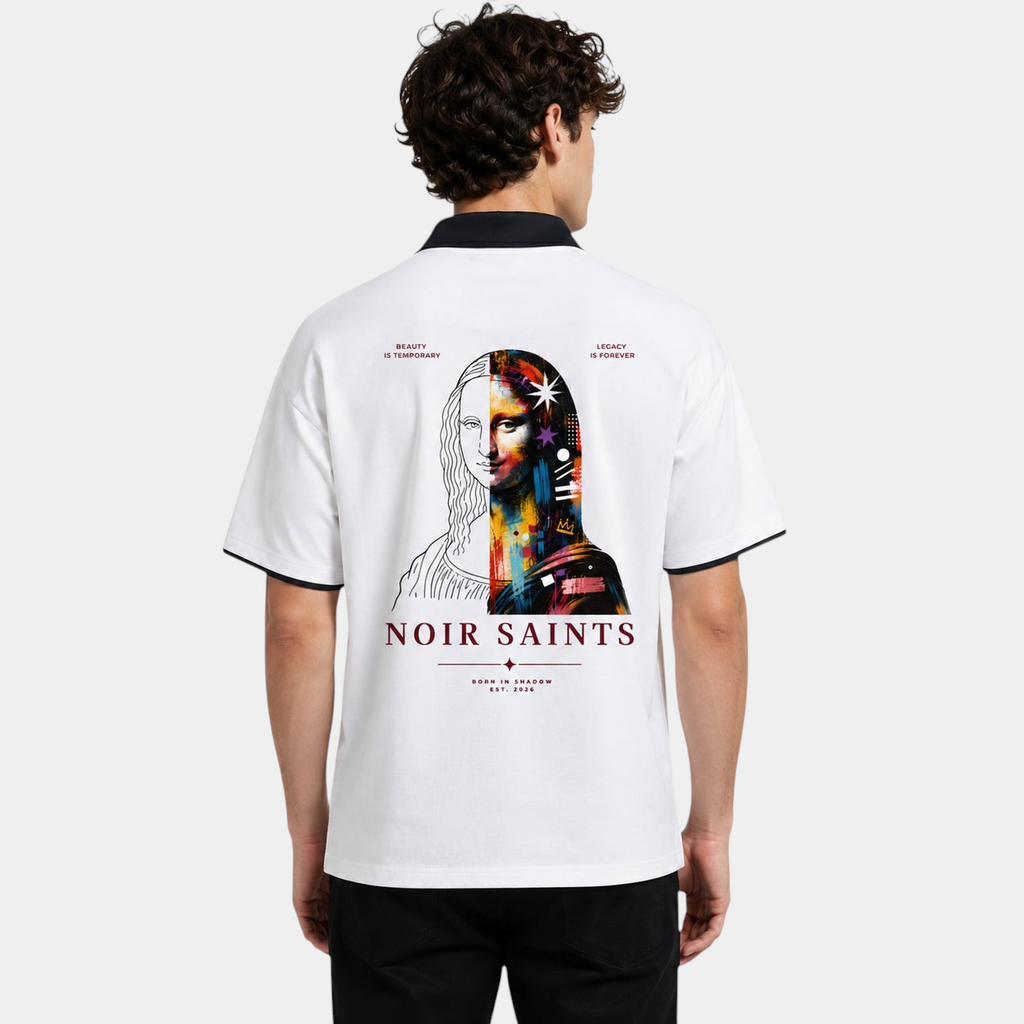 NOIR SAINTS Canada white polo shirt with raglan sleeves, contrast collar, and split Mona Lisa portrait back graphic.