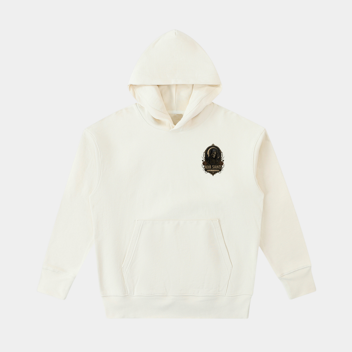 NOIR SAINTS Canada heavyweight off-white cotton hoodie with small chest logo graphic and oversized streetwear fit