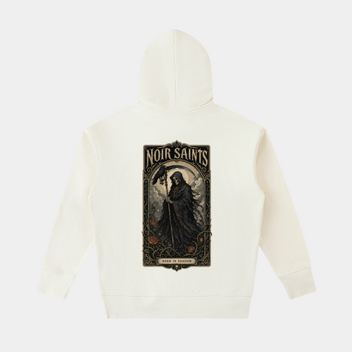 NOIR SAINTS Canada heavyweight oversized cotton hoodie in off-white featuring a detailed reaper and roses back graphic