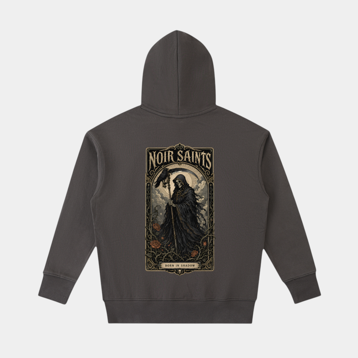 NOIR SAINTS Canada heavyweight cotton hoodie featuring a detailed reaper and roses graphic on the back