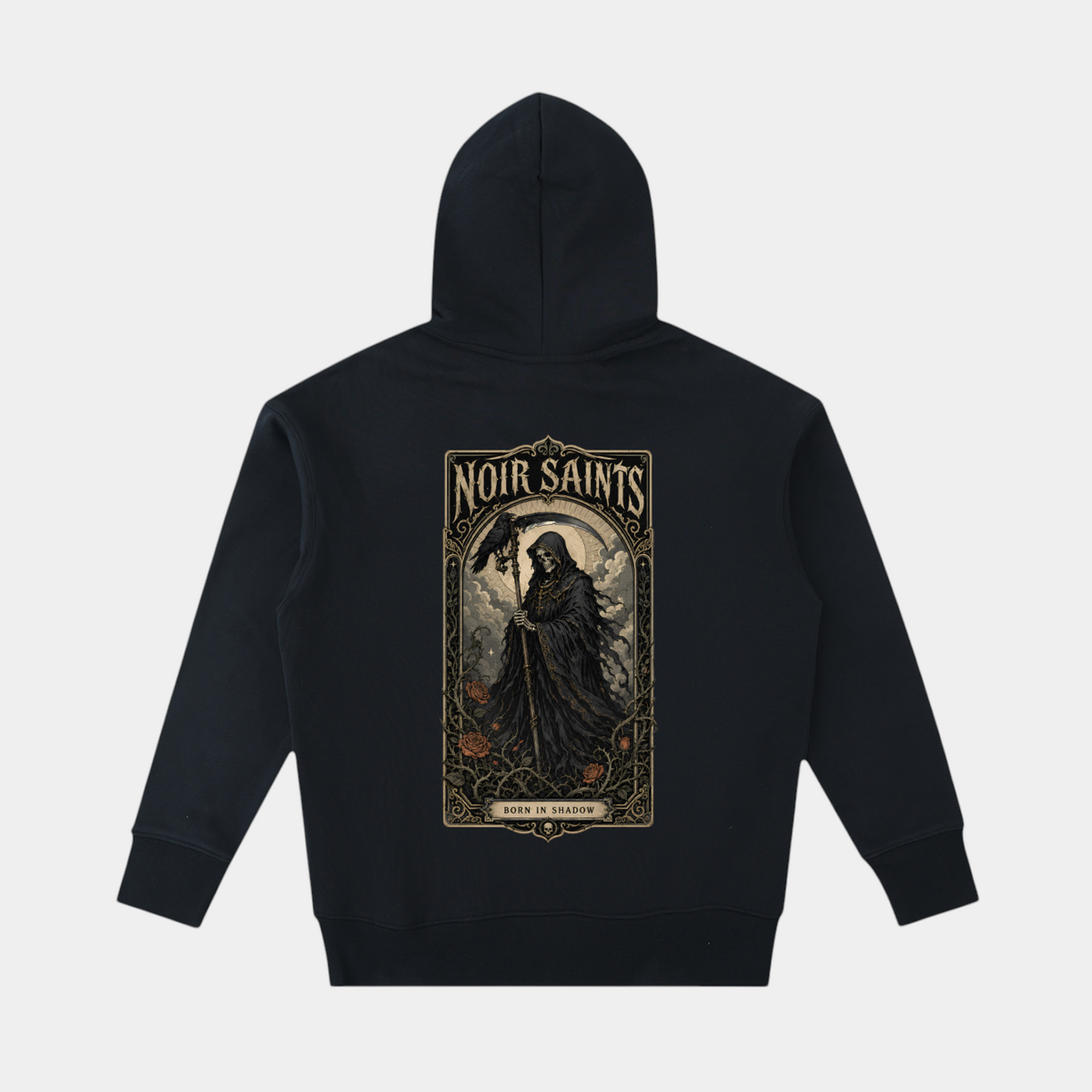 NOIR SAINTS Canada heavyweight black cotton hoodie featuring a detailed reaper and roses graphic on the back