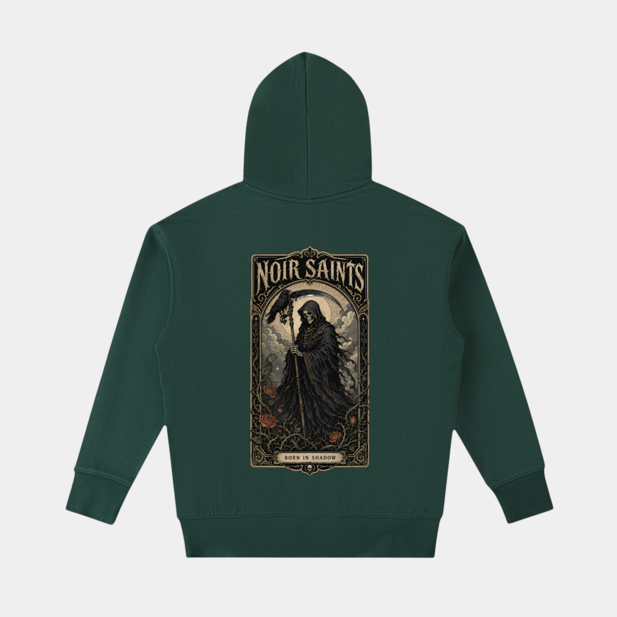 NOIR SAINTS Canada heavyweight cotton hoodie in dark green with detailed reaper and roses graphic on the back