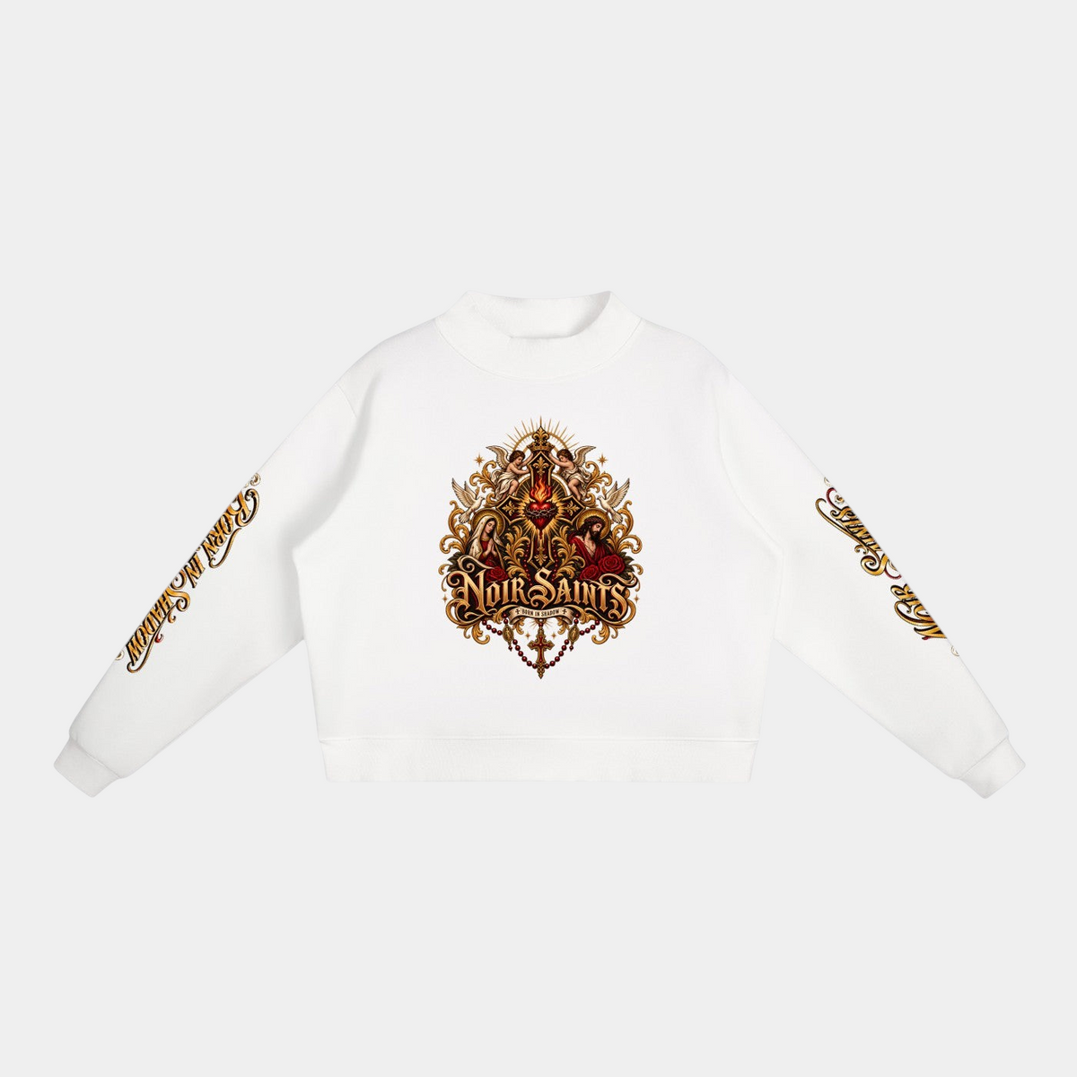 NOIR SAINTS Canada white cropped mock-neck fleece sweatshirt featuring an ornate sacred heart graphic and sleeve text.