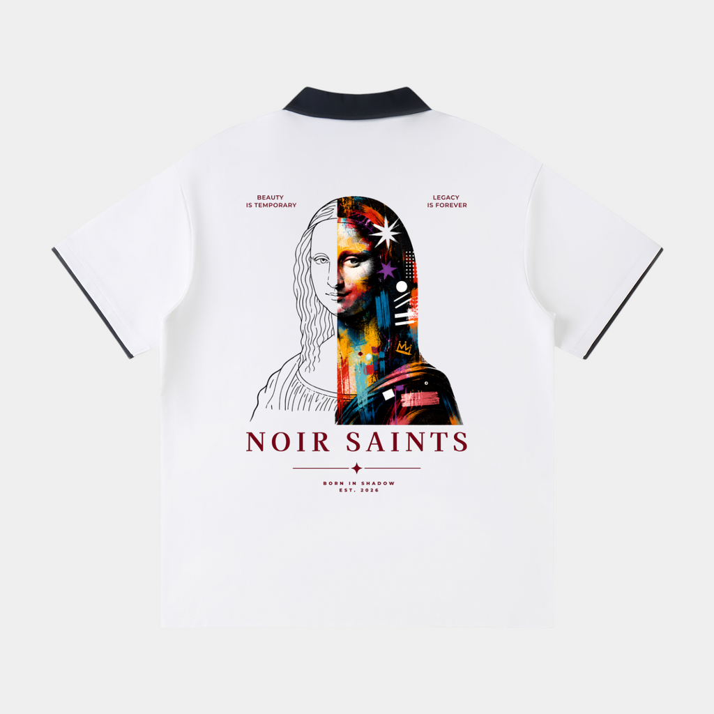NOIR SAINTS Canada white polo shirt with a split portrait back graphic, contrast collar, and raglan sleeves.