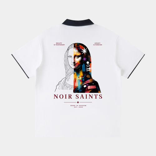 NOIR SAINTS Canada white polo shirt with a split portrait back graphic, contrast collar, and raglan sleeves.