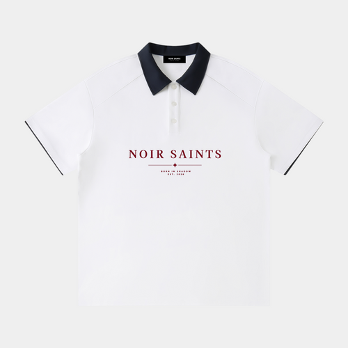 NOIR SAINTS Canada white raglan polo shirt with a black contrast collar and red brand logo graphic on the chest.